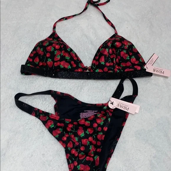Victoria's Secret Black and Red Strawberry/ Cherry Bikini Set - Picture 1 of 7